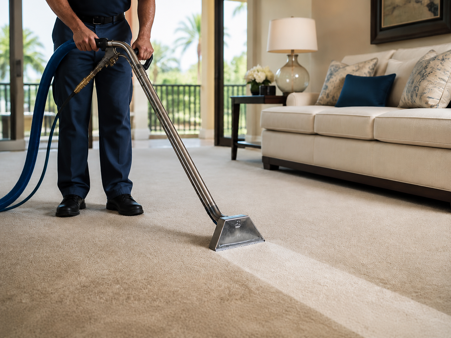 Man Cleaning Carpet Professional Technician Steam Cleaning Residential Carpet in Naples FL